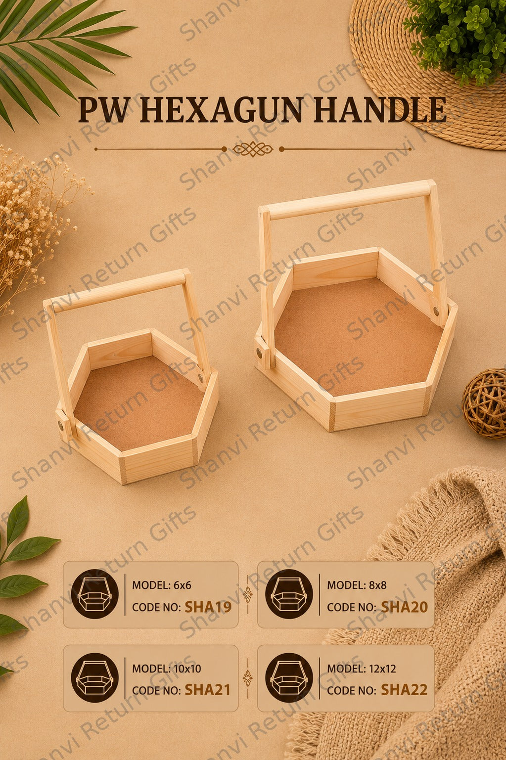 Pinewood Hexagon Tray with Handle