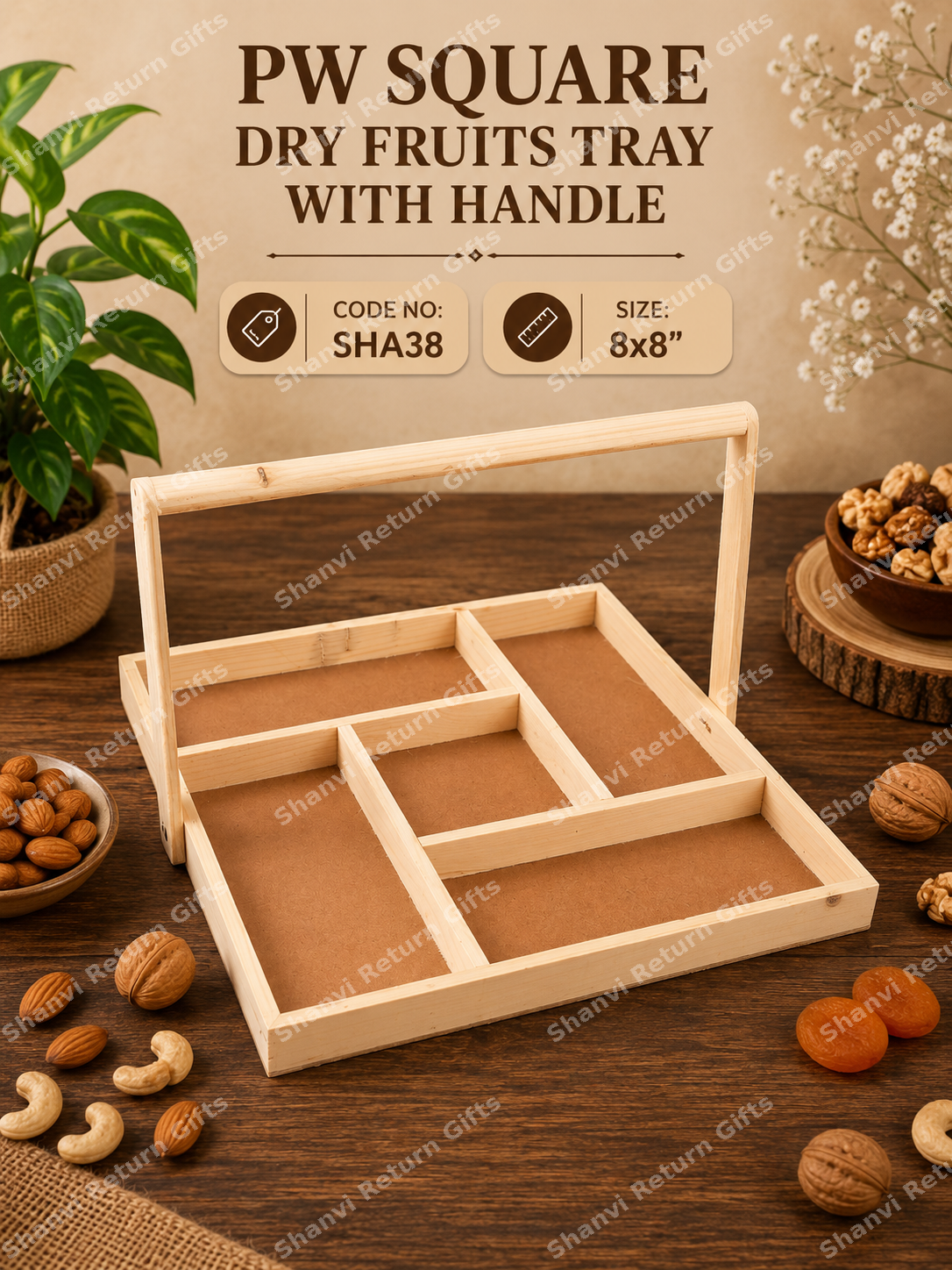 Pinewood Square Dry fruits Tray with Handle 8*8