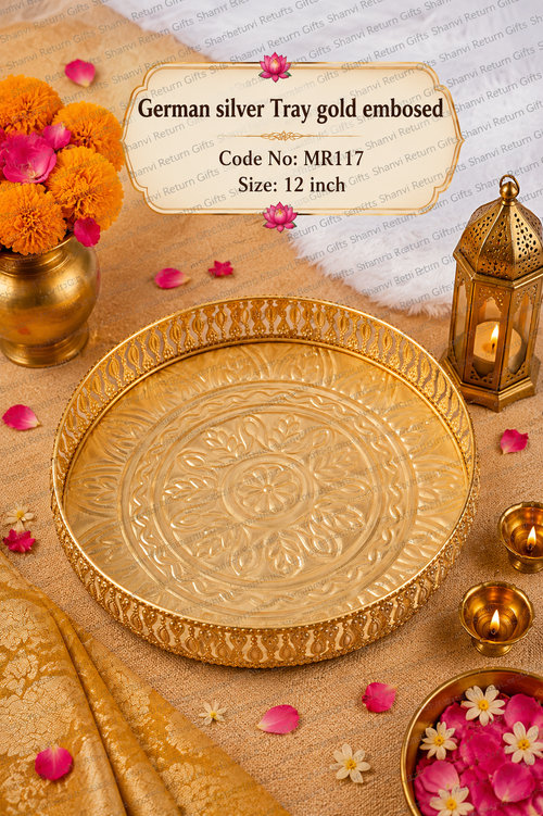 German Silver Tray Gold Embossed