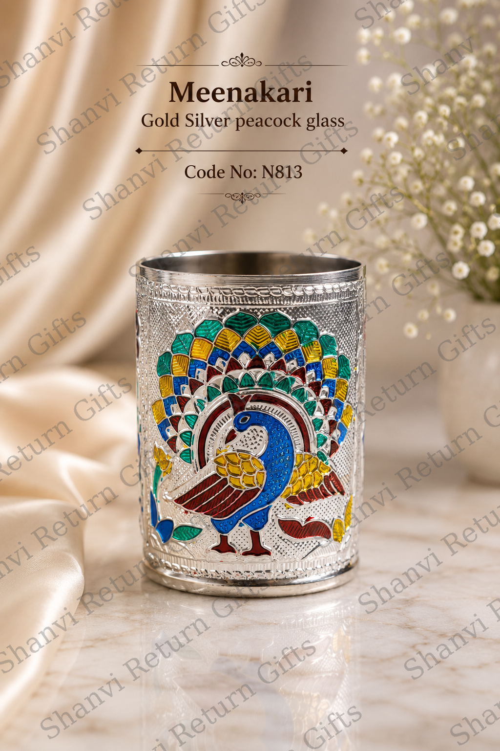 Meenakari Gold Silver Peacock Glass