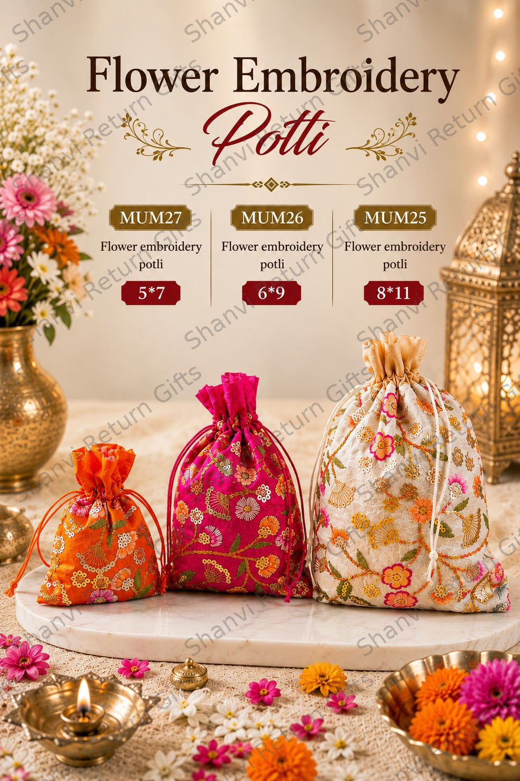 Flower embroidery potli