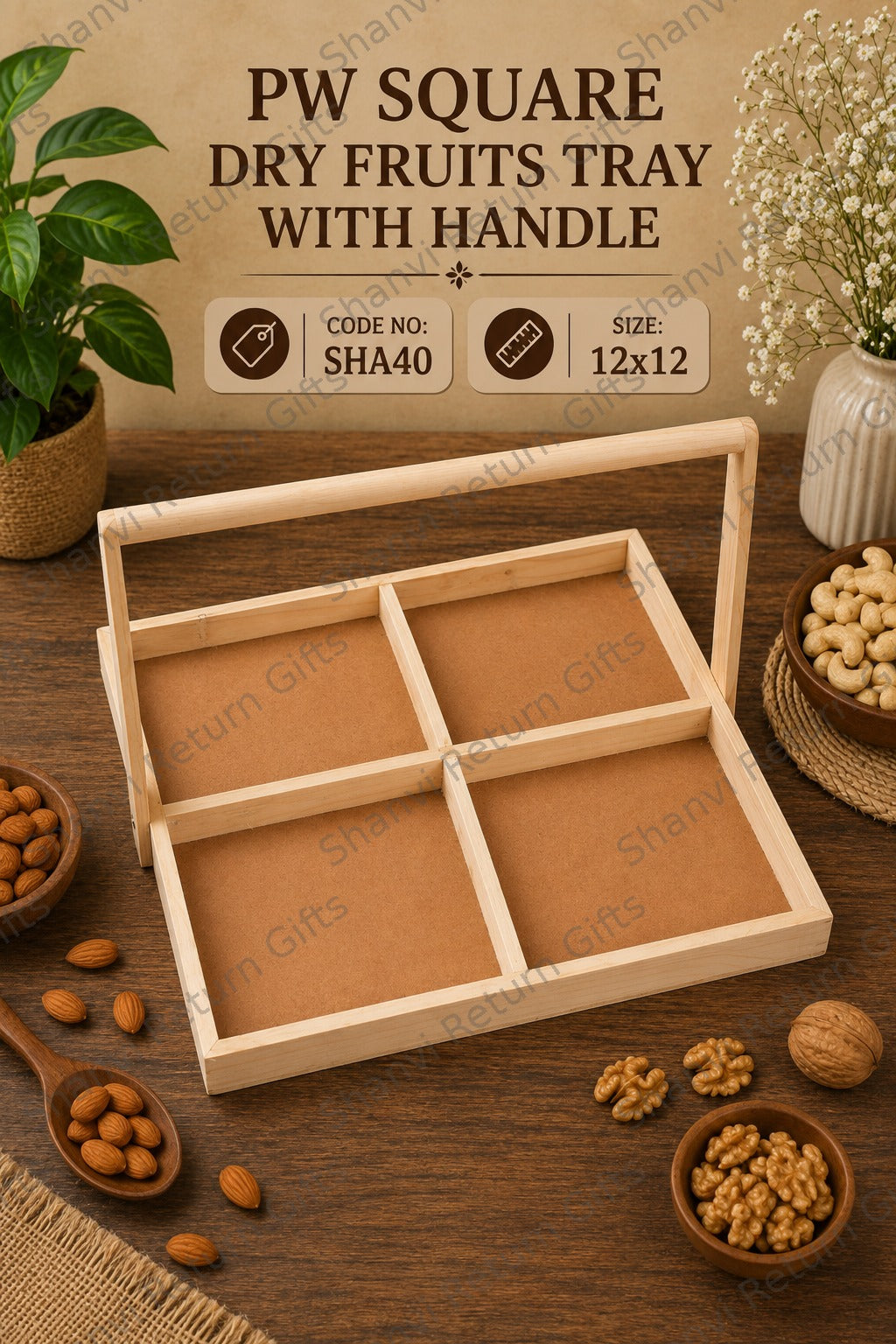 Pinewood Square Dry fruits Tray with Handle 12*12