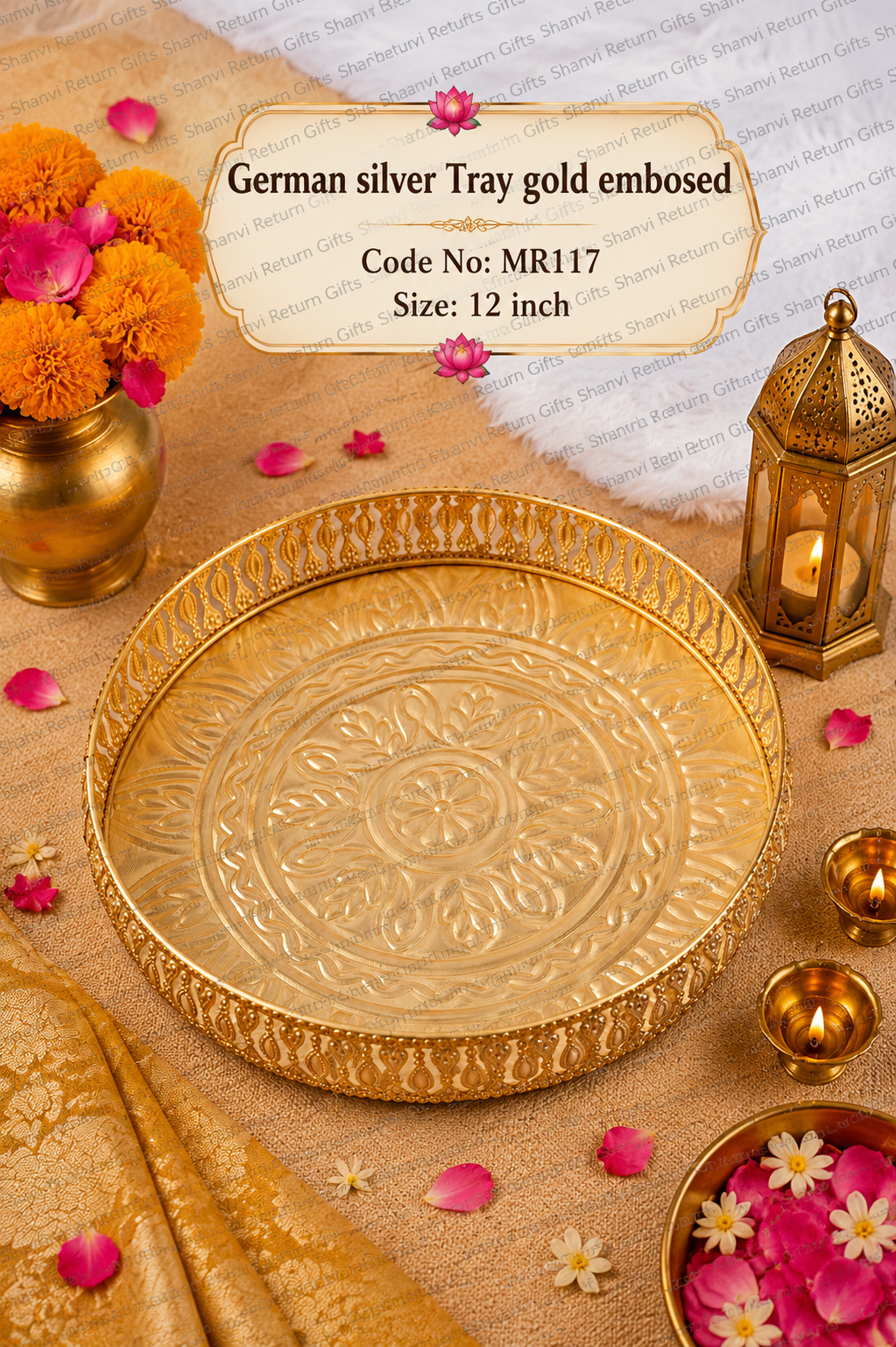 German Silver Tray Gold Embossed