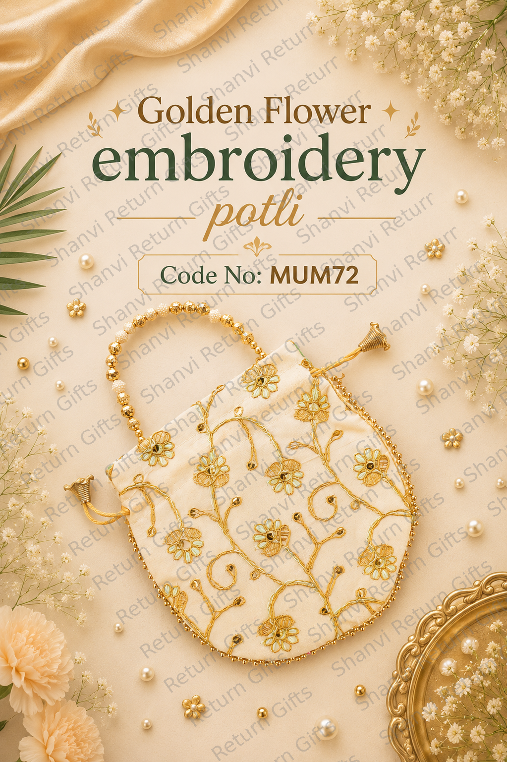 Golden Flower Embroidery Potli